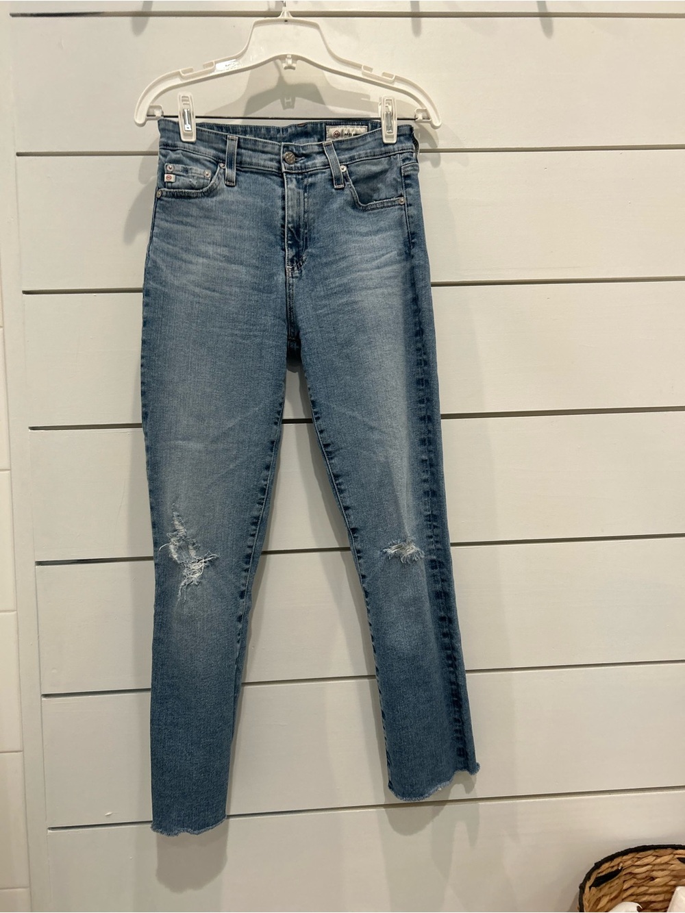 AG - ED Light Blue High-Rise Distressed Denim. High Rise Slim Straight